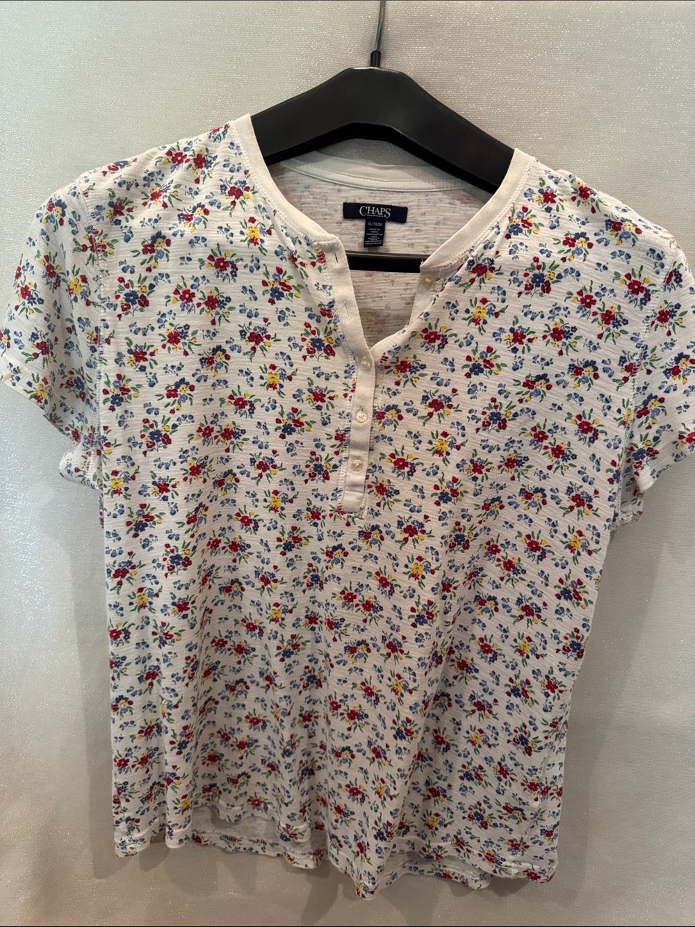 Chaps White Floral Henley Top with Red, Blue & Yellow Accents